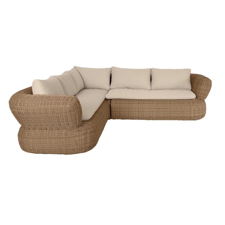 5 Seater Neutral Rattan Curved Corner Sofa Set with Beige Cushions