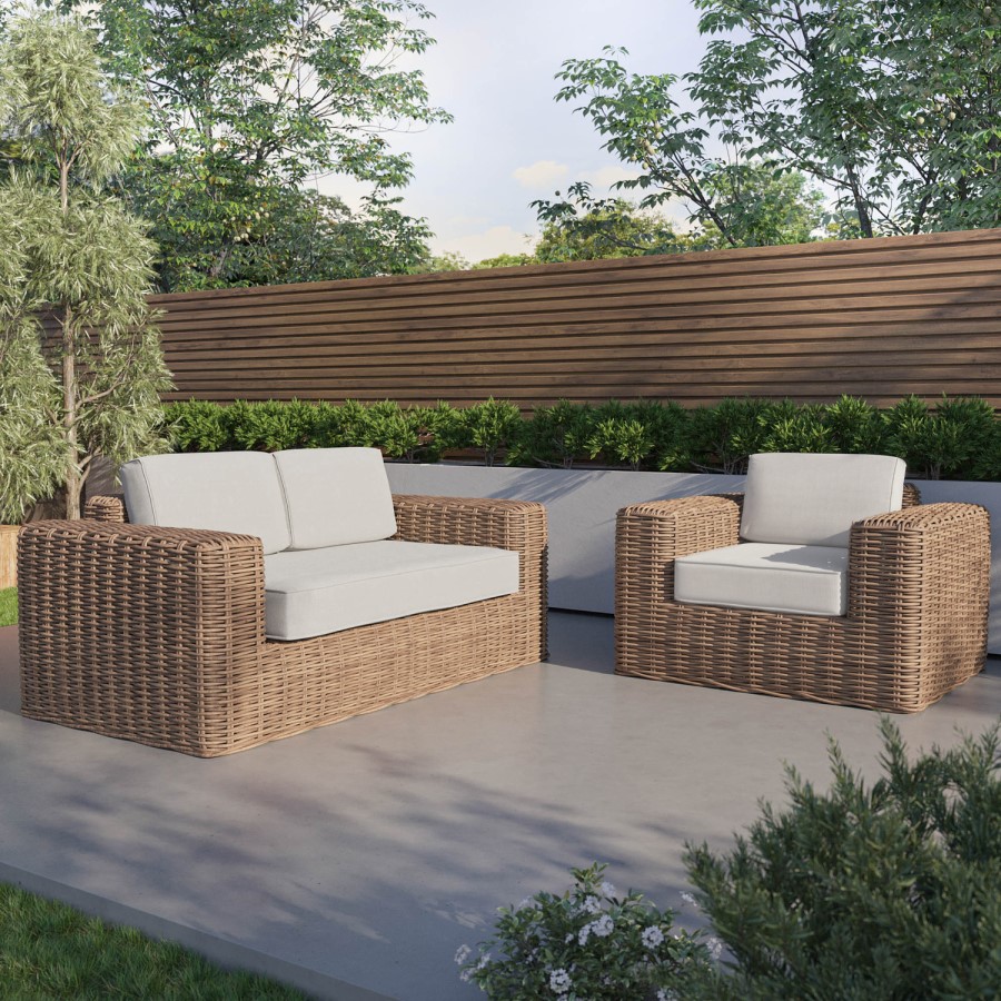 3 Seater Thick Rattan Armchair and Sofa Garden Set with Griege Cushions - Como