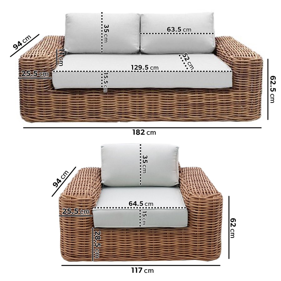 3 Seater Thick Rattan Armchair and Sofa Garden Set with Griege Cushions - Como