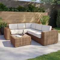 GRADE A1 - 5 Seater Thick Light Rattan Corner Sofa Set with Griege Cushions - Como