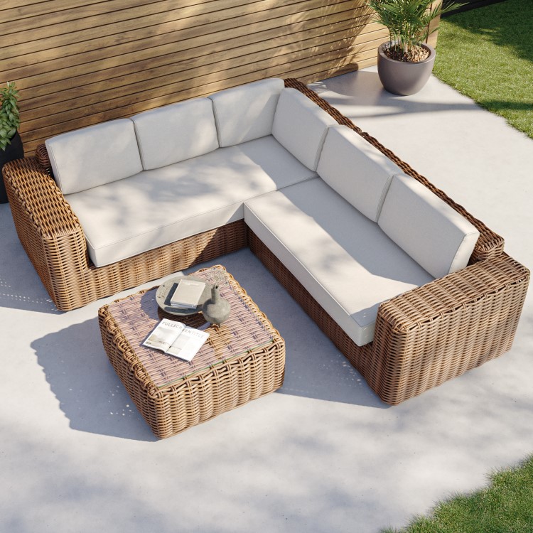 5 Seater Thick Light Rattan Corner Sofa Set with Griege Cushions - Como