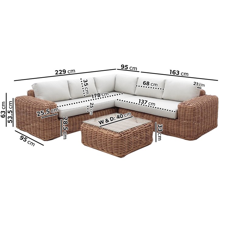 5 Seater Thick Light Rattan Corner Sofa Set with Griege Cushions - Como