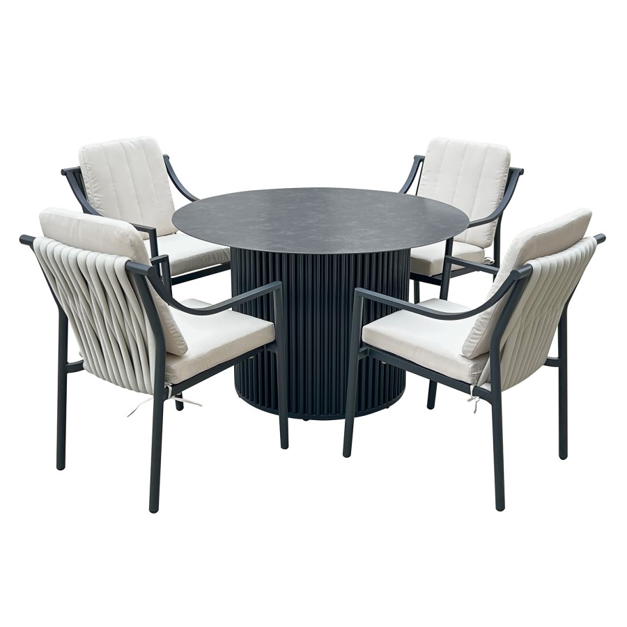 4 Seater Round Aluminium Dining Table with Ribbed Base & Beige Rope Chairs