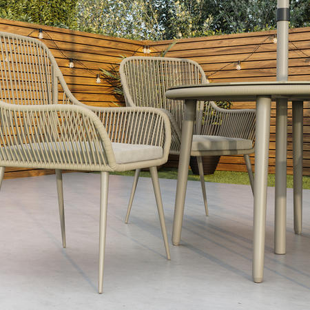 ONLY OPENED - Beige Rope Wicker Dining Set with Matching Parasol