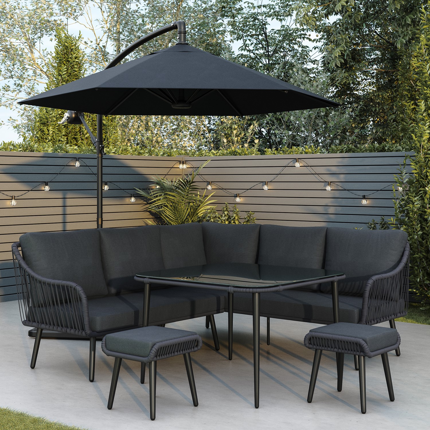 8 Seater Garden Corner Sofa Set Rope Effect Matching Dining Table Parasol Included
