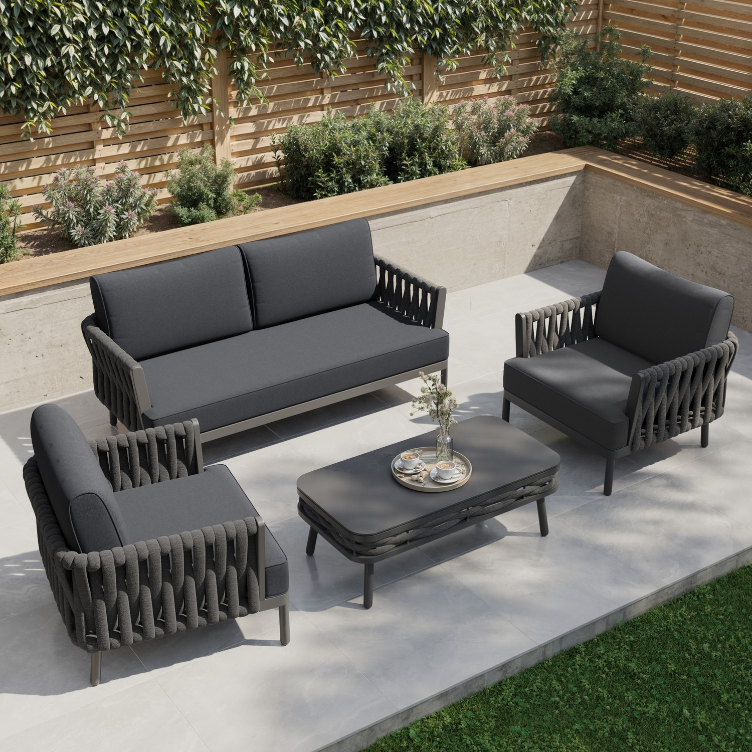 4 Seater Charcoal Rope Detail Sofa and Armchair Set with Coffee Table