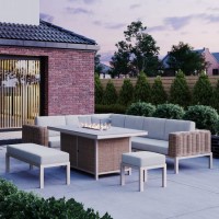 Thick Round Rattan Corner Garden Sofa Set with Fire Pit & Benches