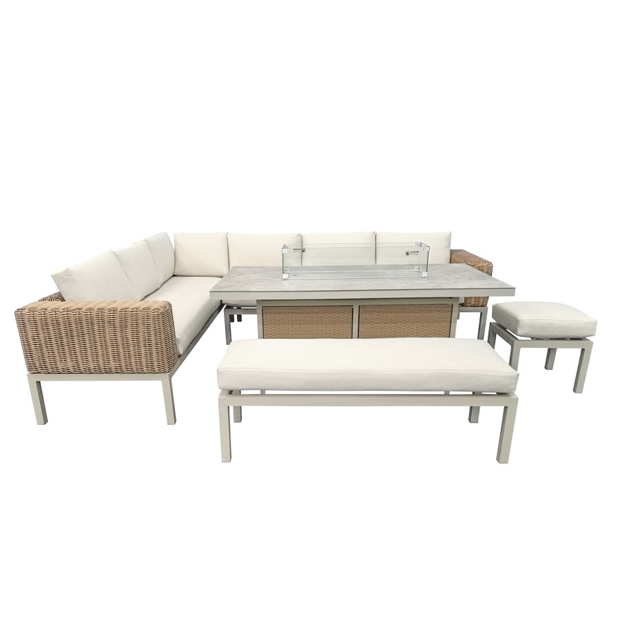 Thick Round Rattan Corner Garden Sofa Set with Fire Pit & Benches