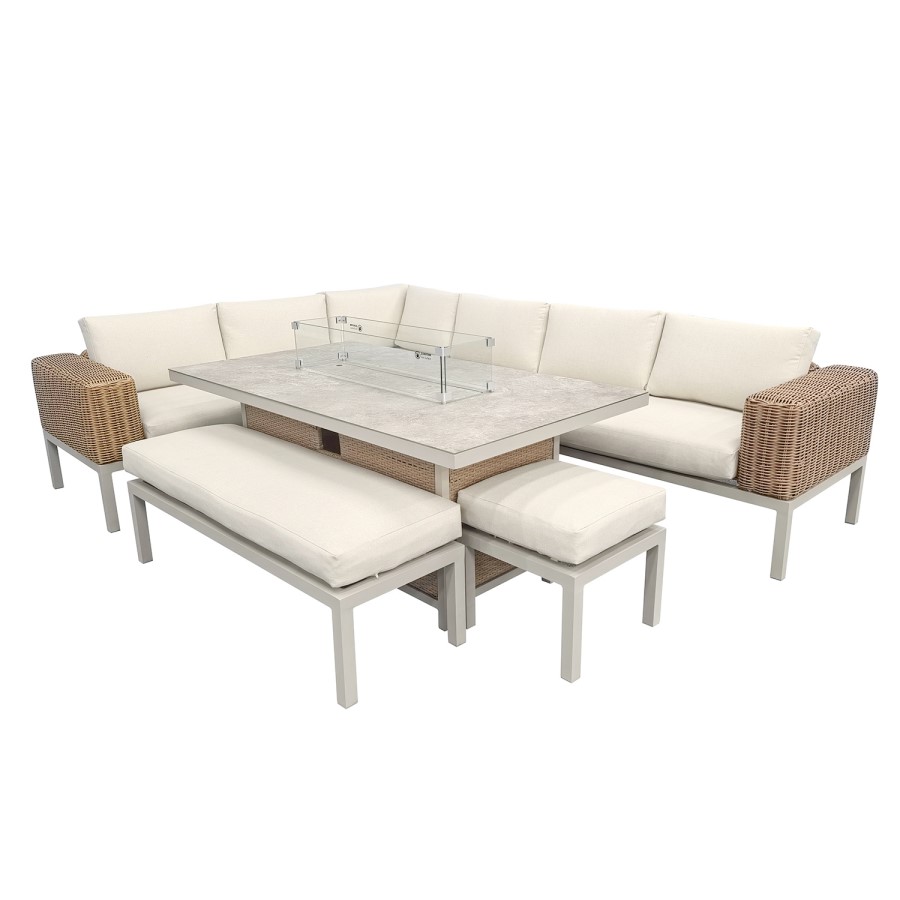 Thick Round Rattan Corner Garden Sofa Set with Fire Pit & Benches