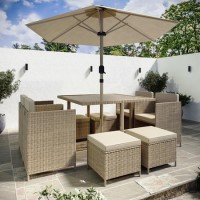 8 Seater Beige Rattan Cube Garden Dining Set with Parasol