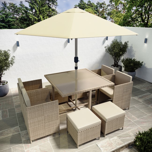 8 Seater Beige Rattan Cube Garden Dining Set with Parasol