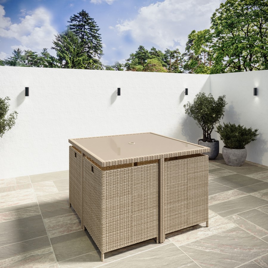 4 Seater Beige Rattan Cube Outdoor Dining Set with Parasol
