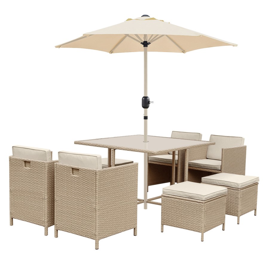 8 Seater Beige Rattan Cube Garden Dining Set with Parasol