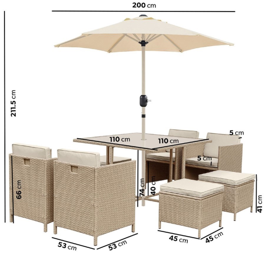 8 Seater Beige Rattan Cube Garden Dining Set with Parasol