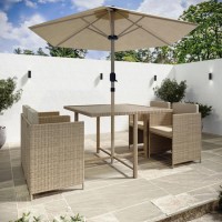 4 Seater Beige Rattan Cube Outdoor Dining Set with Parasol