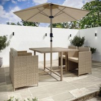 4 Seater Beige Rattan Cube Outdoor Dining Set with Parasol 4 Seater Beige Rattan Cube Outdoor Dining Set with Parasol