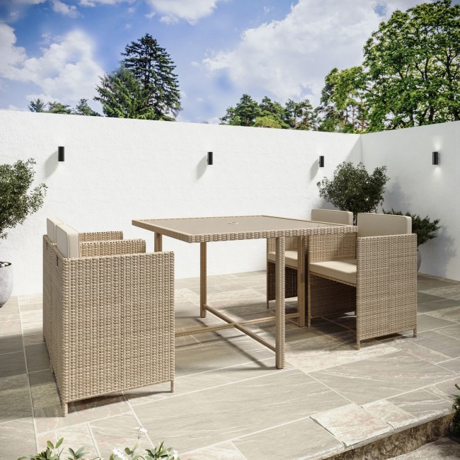 4 Seater Beige Rattan Cube Outdoor Dining Set with Parasol