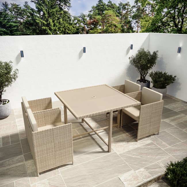 4 Seater Beige Rattan Cube Outdoor Dining Set with Parasol