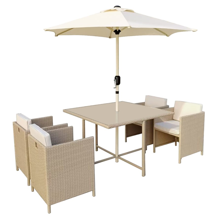 4 Seater Beige Rattan Cube Outdoor Dining Set with Parasol