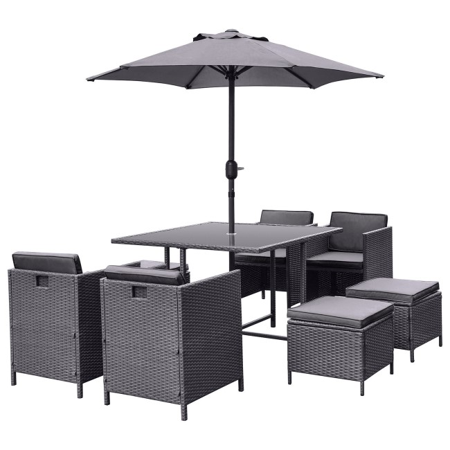 8 Seater Charcoal Rattan Cube Garden Dining Set with Parasol