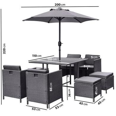 8 Seater Charcoal Rattan Cube Garden Dining Set with Parasol