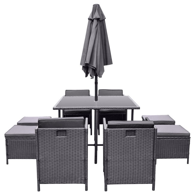 8 Seater Charcoal Rattan Cube Garden Dining Set with Parasol