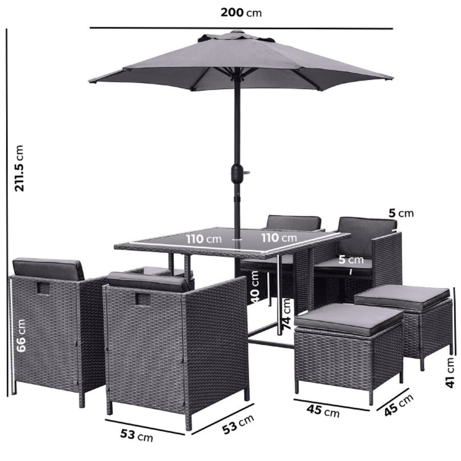 8 Seater Charcoal Rattan Cube Garden Dining Set with Parasol