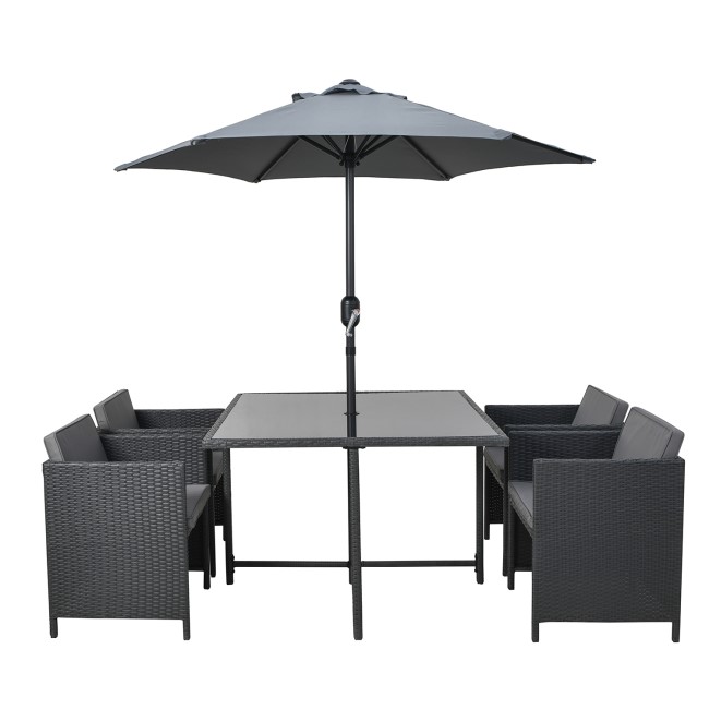 4 Seater Charcoal Rattan Cube Garden Dining Set with Parasol