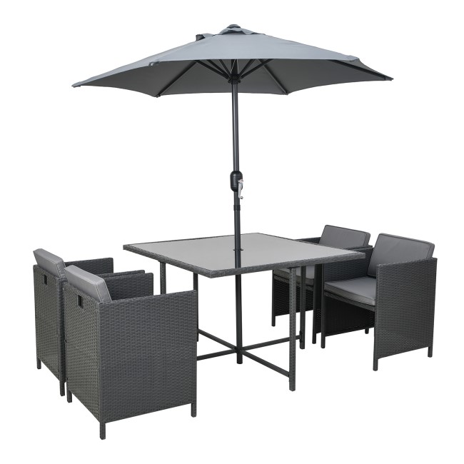 4 Seater Charcoal Rattan Cube Garden Dining Set with Parasol