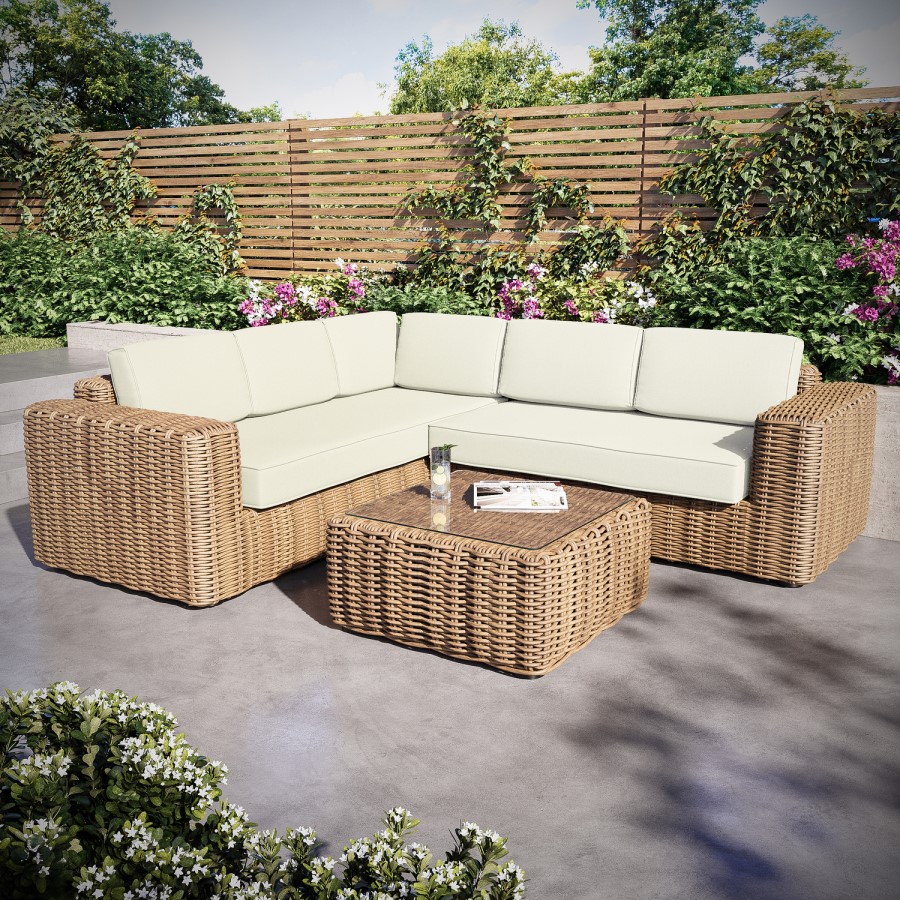 5 Seater Beige Rattan Garden Corder Sofa with Matching Coffee Table