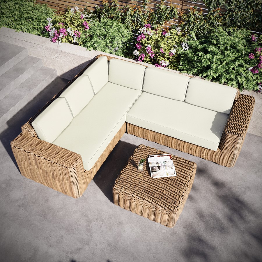 5 Seater Beige Rattan Garden Corder Sofa with Matching Coffee Table