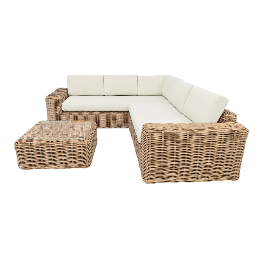 5 Seater Beige Rattan Garden Corder Sofa with Matching Coffee Table