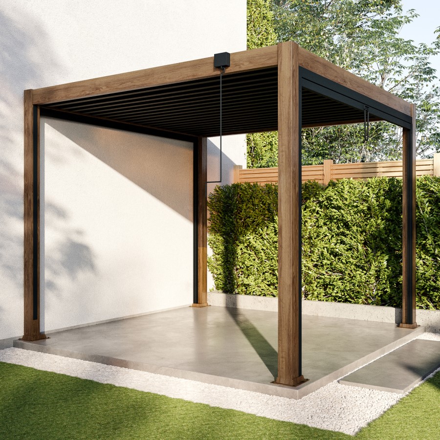 GRADE A2 - 3 x 3m Heavy Duty Wood Effect Aluminium Pergola with Louvred Shutter Roof and Two Textilene Side Panels
