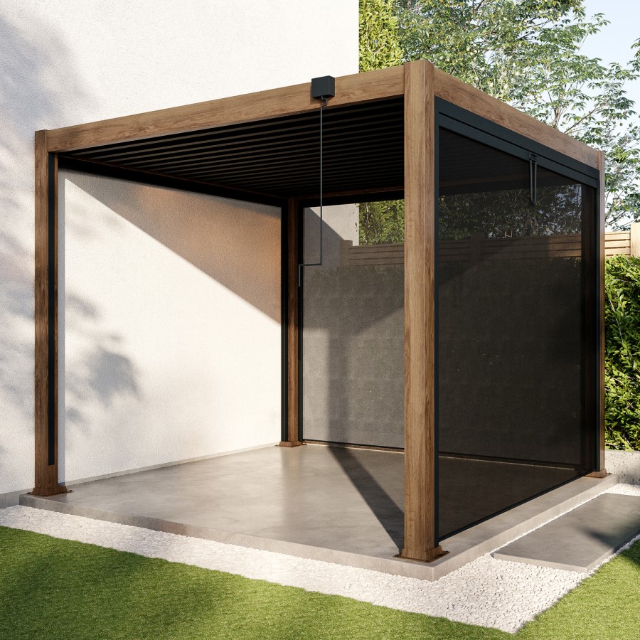 3 x 3m Heavy Duty Wood Effect Aluminium Pergola with Louvred Shutter Roof and Two Textilene Side Panels