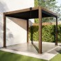 GRADE A2 - 3 x 3m Heavy Duty Wood Effect Aluminium Pergola with Louvred Shutter Roof and Two Textilene Side Panels
