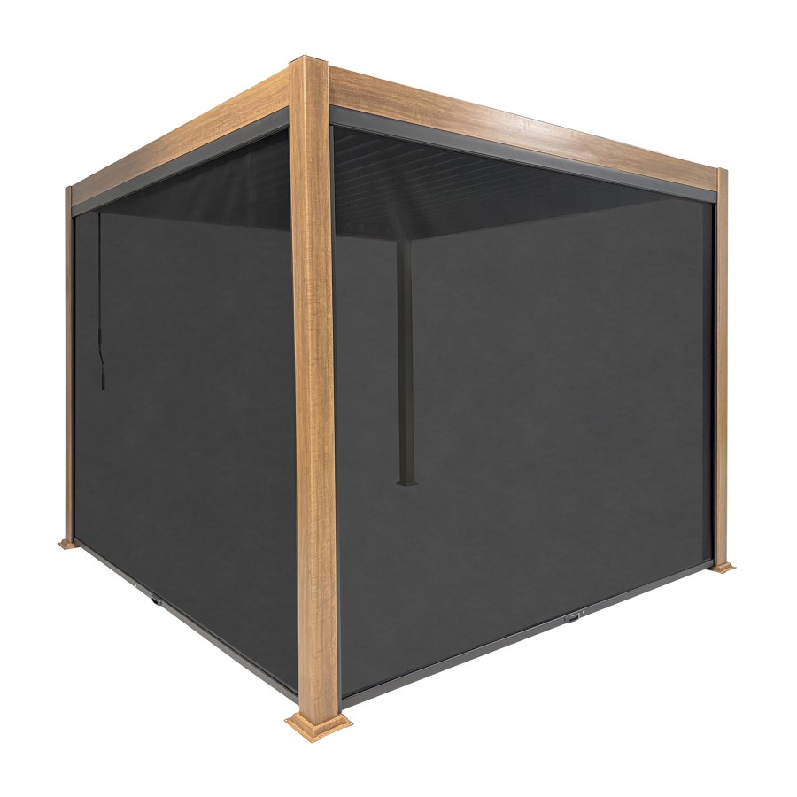 3 x 3m Heavy Duty Wood Effect Aluminium Pergola with Louvred Shutter Roof and Two Textilene Side Panels