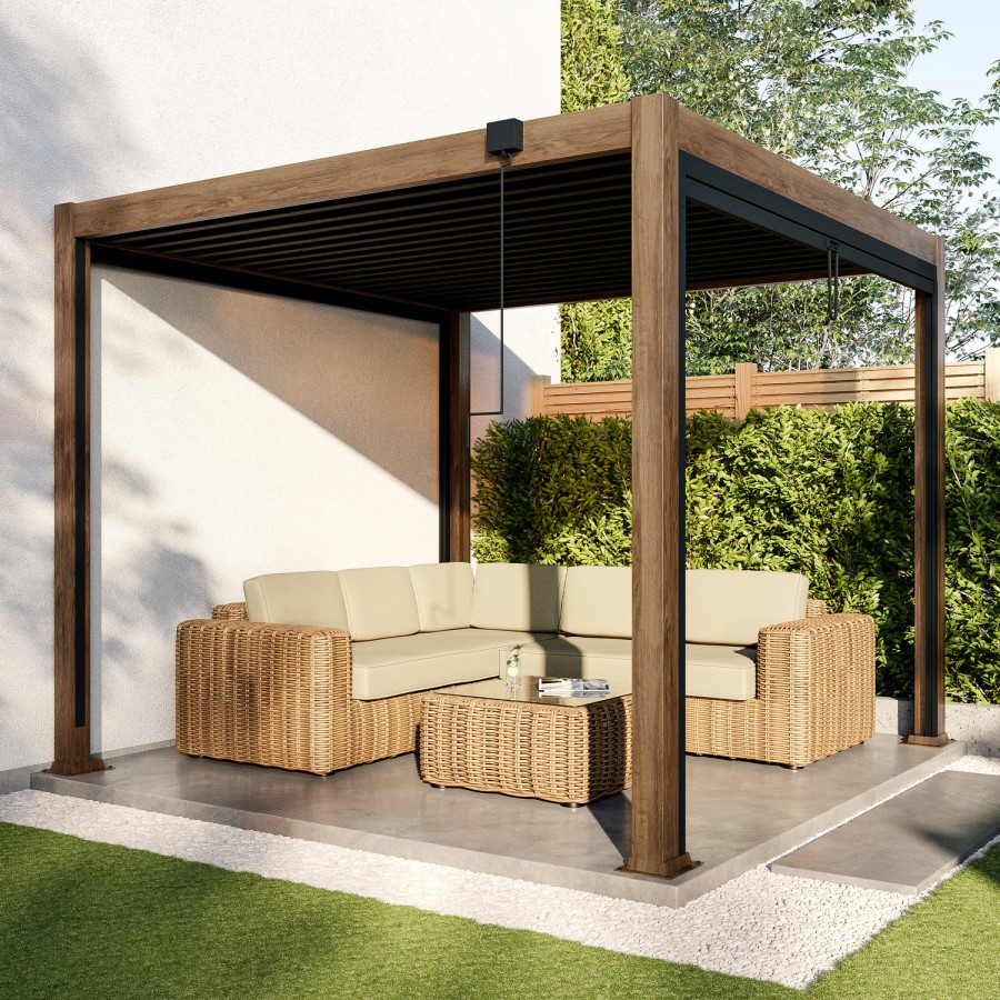 3 x 3m Heavy Duty Wood Effect Aluminium Pergola with Louvred Shutter Roof and Two Textilene Side Panel