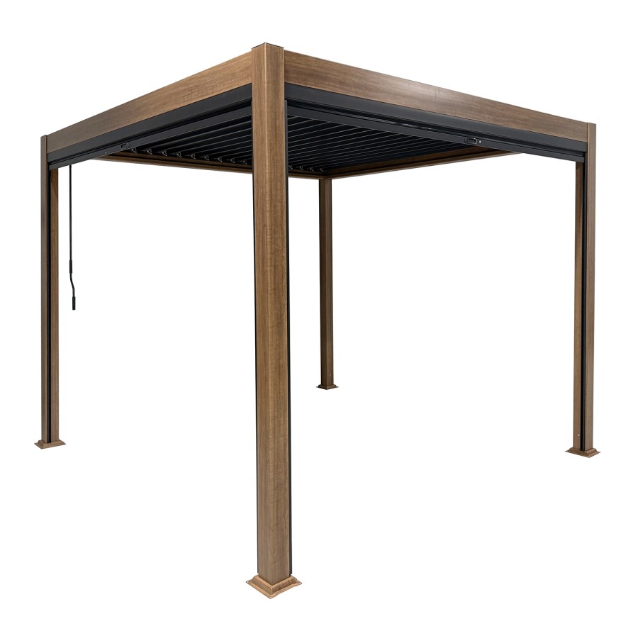 3 x 3m Heavy Duty Wood Effect Aluminium Pergola with Louvred Shutter Roof and Two Textilene Side Panel