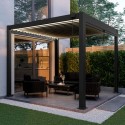 FTR231 3 x 3m LED Light Heavy Duty Charcoal Aluminium Pergola with Louvred Shutter Roof Two Textilene Side Panel