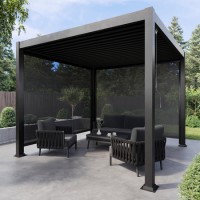 3x3m Heavy Duty Charcoal Aluminium Pergola with Adjustable Louvered Roof with Two Textilene Side Panels