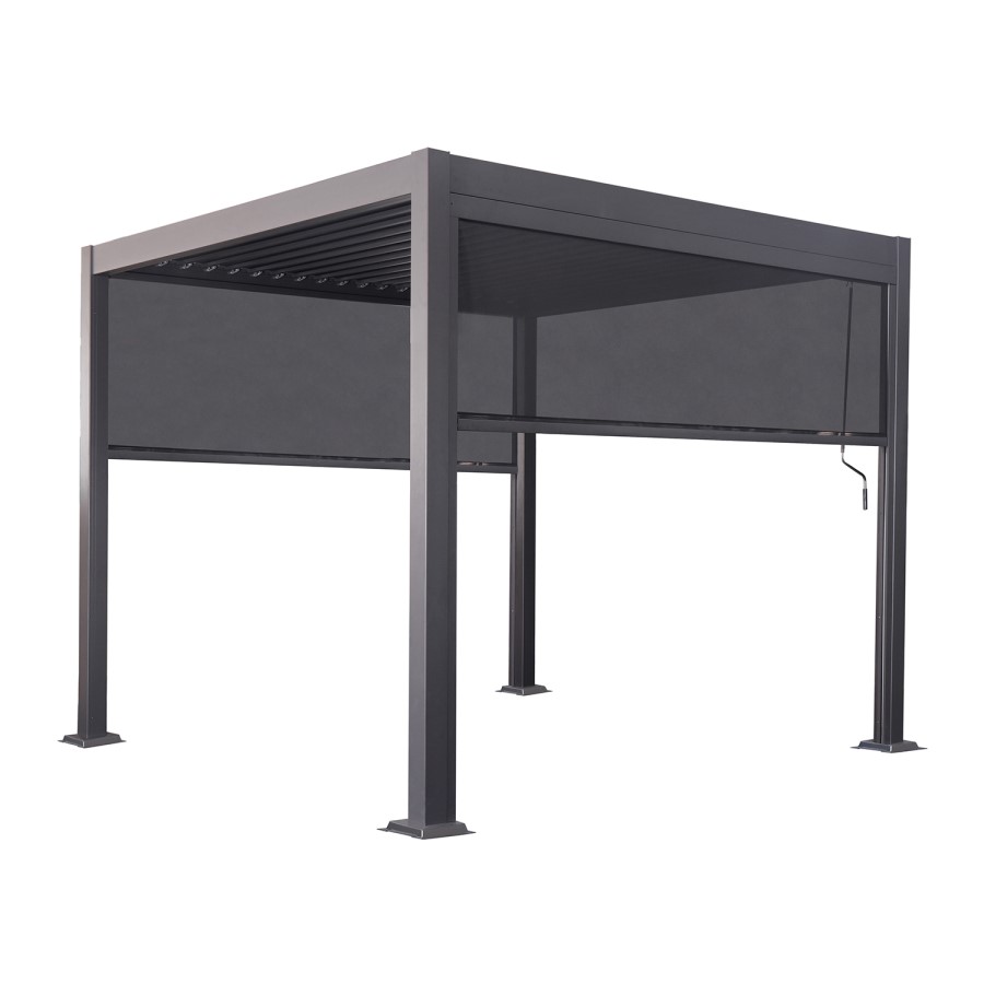 3x3m Heavy Duty Charcoal Aluminium Pergola with Adjustable Louvered Roof with Two Textilene Side Panels