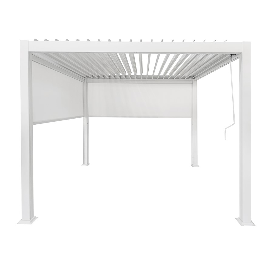 ONLY OPENED - 3 x 3m Heavy Duty White Aluminium Pergola with Louvred Shutter Roof with Two Textilene Side Panels