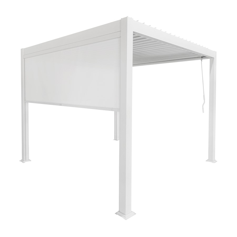 ONLY OPENED - 3 x 3m Heavy Duty White Aluminium Pergola with Louvred Shutter Roof with Two Textilene Side Panels