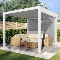 ONLY OPENED - 3 x 3m Heavy Duty White Aluminium Pergola with Louvred Shutter Roof with Two Textilene Side Panels