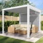 ONLY OPENED - 3 x 3m Heavy Duty White Aluminium Pergola with Louvred Shutter Roof with Two Textilene Side Panels