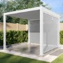 ONLY OPENED - 3 x 3m Heavy Duty White Aluminium Pergola with Louvred Shutter Roof with Two Textilene Side Panels