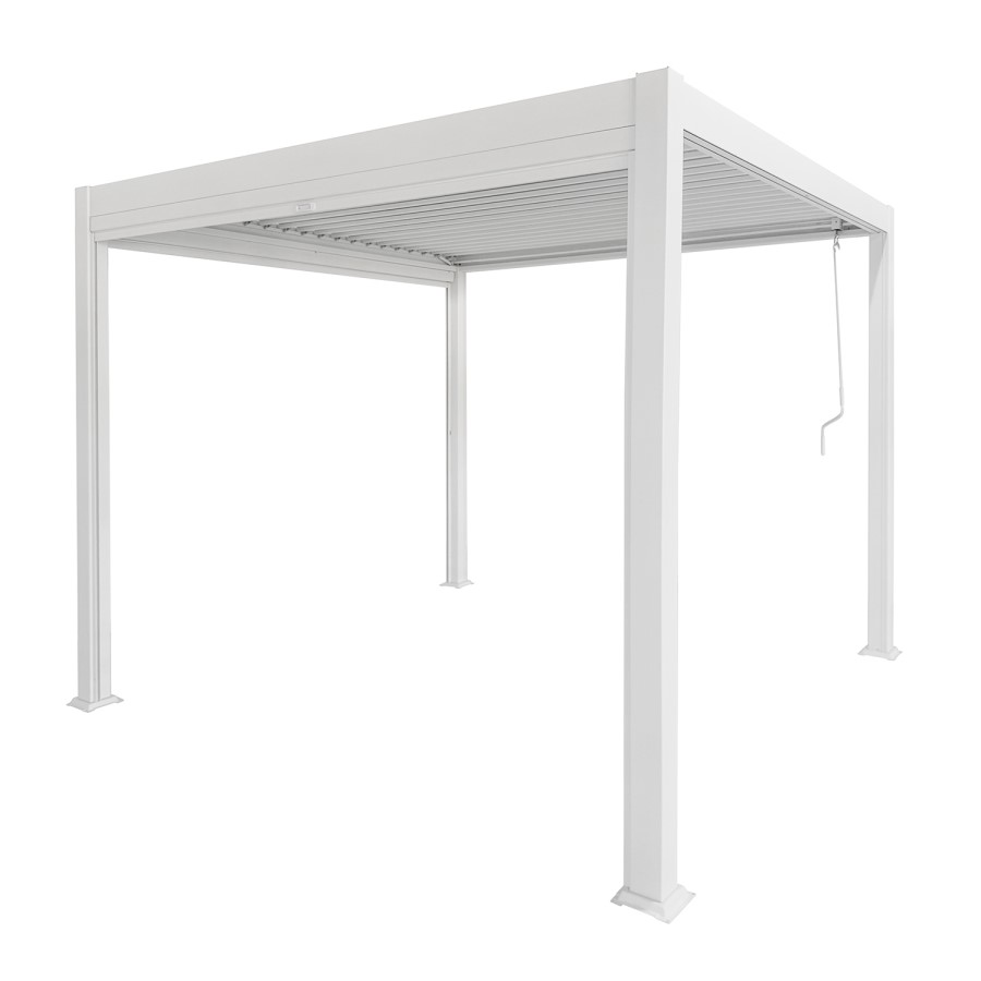 ONLY OPENED - 3 x 3m Heavy Duty White Aluminium Pergola with Louvred Shutter Roof with Two Textilene Side Panels