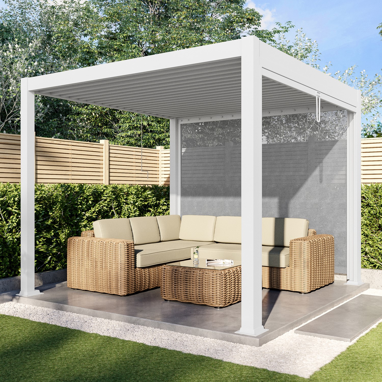 3 x 3m Heavy Duty Aluminium Pergola Louvred Shutter Roof Two Textilene Side Panels