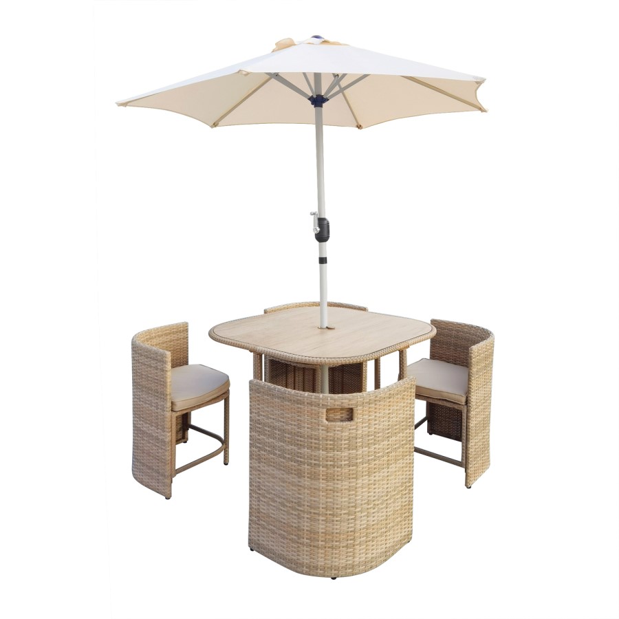 4 Seater Curved Beige Rattan Cube Dining Set with Parasol