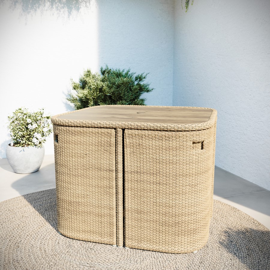 4 Seater Curved Beige Rattan Cube Dining Set with Parasol